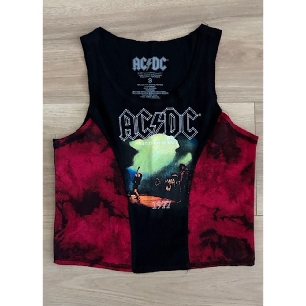 ACDC‎ Let There Be Rock Cropped Tank Top Size S Red Black Tie Dye
